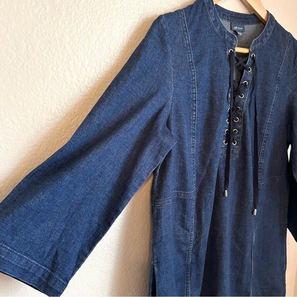 J.Jill Blue Denim Shift Dress Medium Raw Hem Lace-Up Neck 3/4 Sleeve Casual - Picture 4 of 8